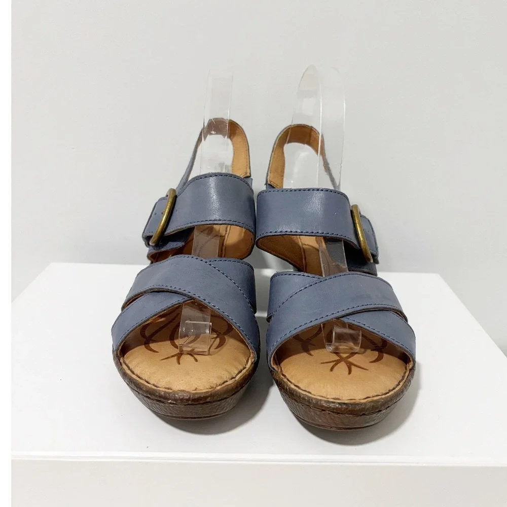 Born Slate Blue Leather Wedge Sandals